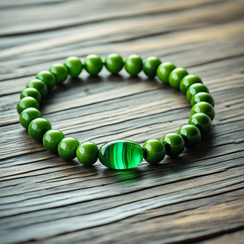 green bracelet on a wooden surface